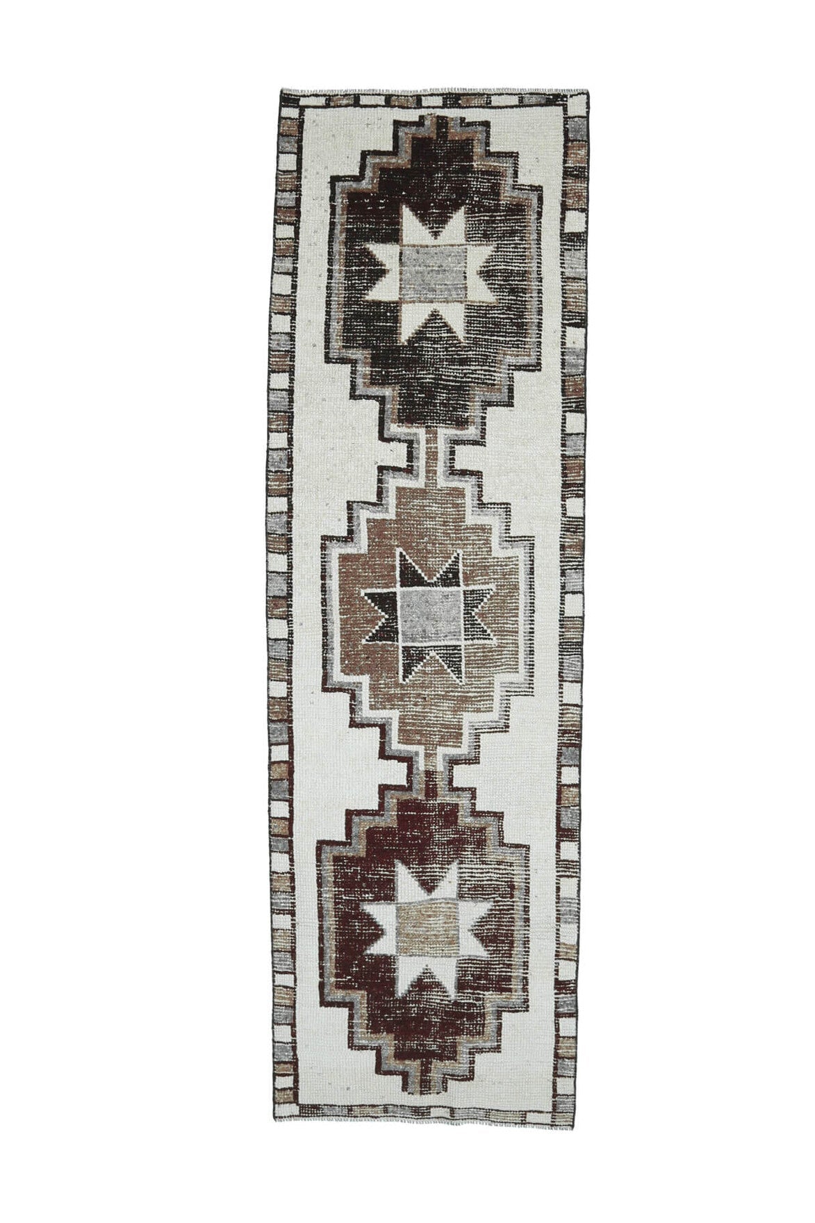 El yapımı vintage yolluk 97x323 cm geometrik desenli yün