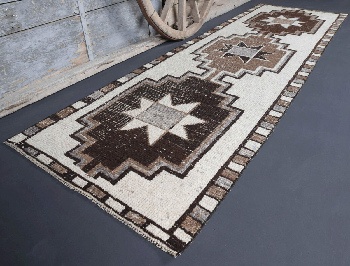 El yapımı vintage yolluk 97x323 cm geometrik desenli yün - farklı açıdan görünüm
