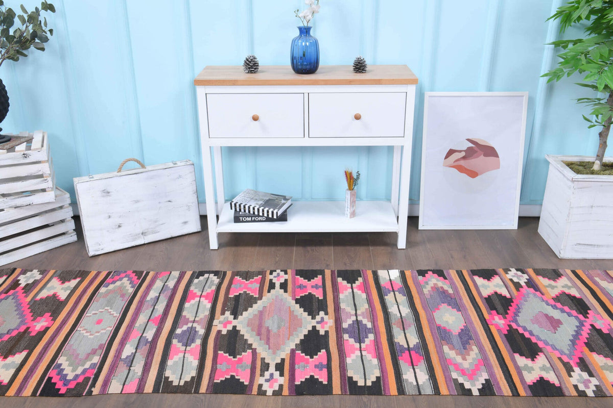 El yapımı vintage yolluk 81x325 cm kilim desenli yün - detay görünümü