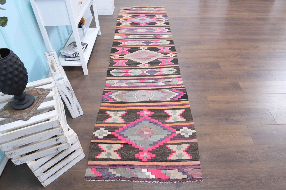 El yapımı vintage yolluk 81x325 cm kilim desenli yün - yakın çekim doku detayı