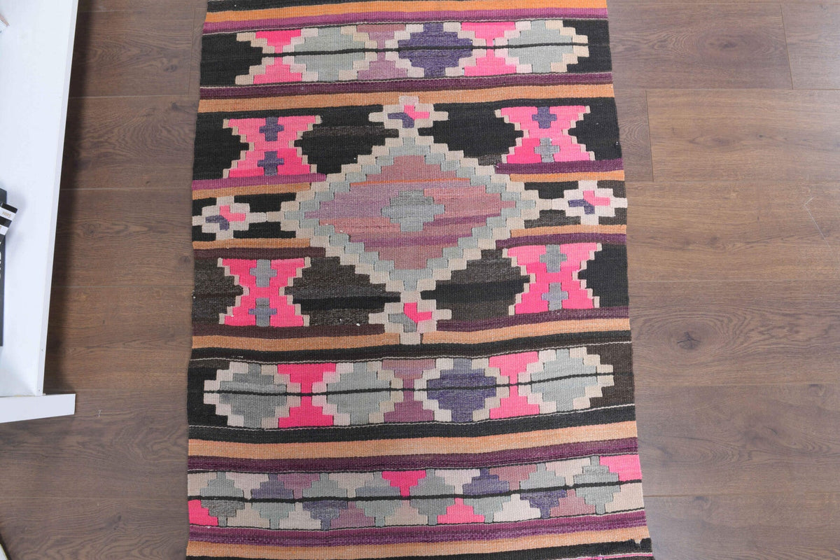 El yapımı vintage yolluk 81x325 cm kilim desenli yün - kenar ve saçak detayı