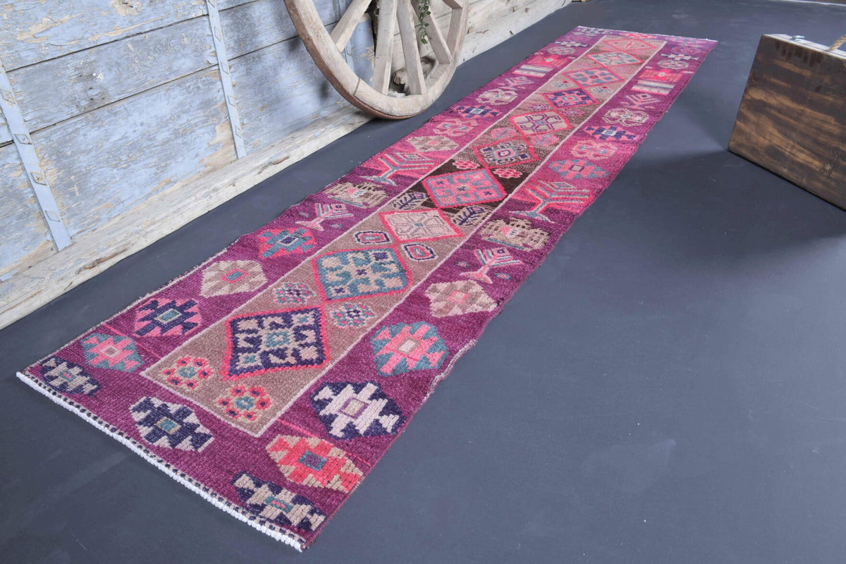 El yapımı vintage yolluk 61x335 cm oryantal desenli yün - yakın çekim doku detayı