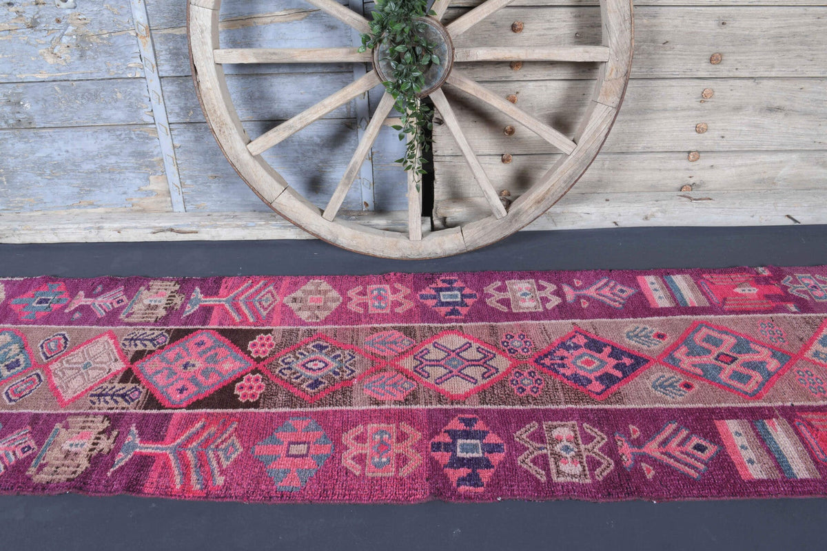 El yapımı vintage yolluk 61x335 cm oryantal desenli yün - kenar ve saçak detayı