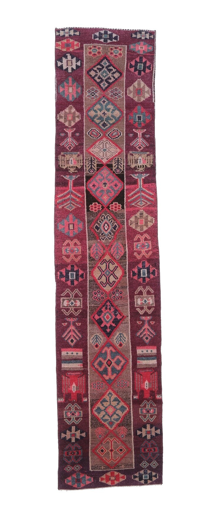 El yapımı vintage yolluk 61x335 cm oryantal desenli yün - ışık altında renk detayı