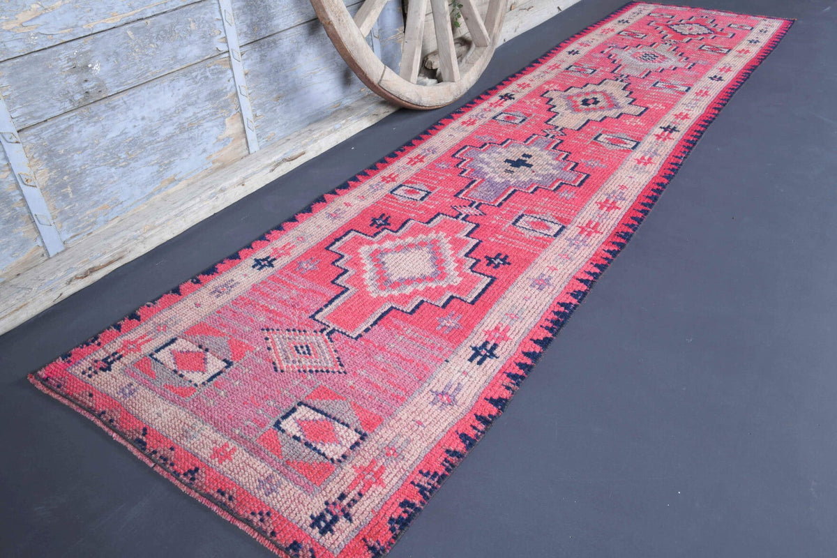 El yapımı vintage yolluk 61x335 cm i̇kat desenli yün - yakın çekim doku detayı