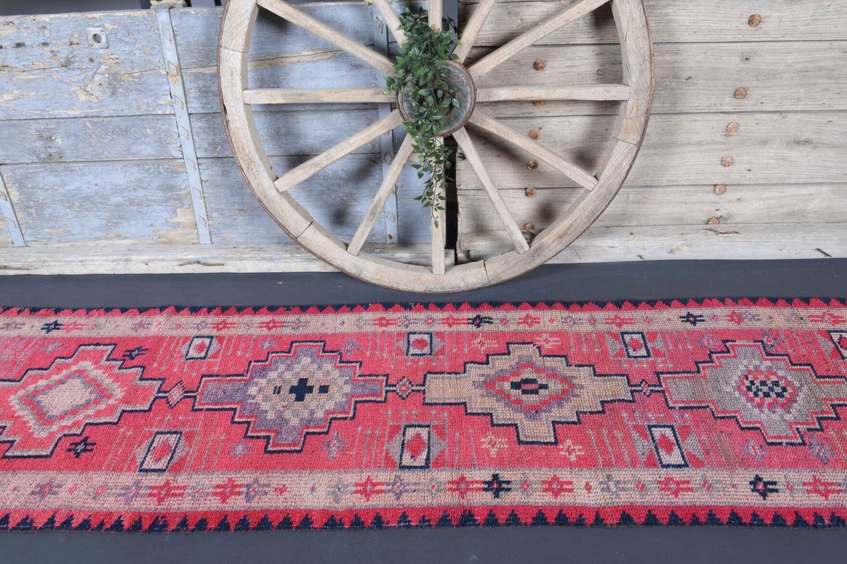 El yapımı vintage yolluk 61x335 cm i̇kat desenli yün - kenar ve saçak detayı