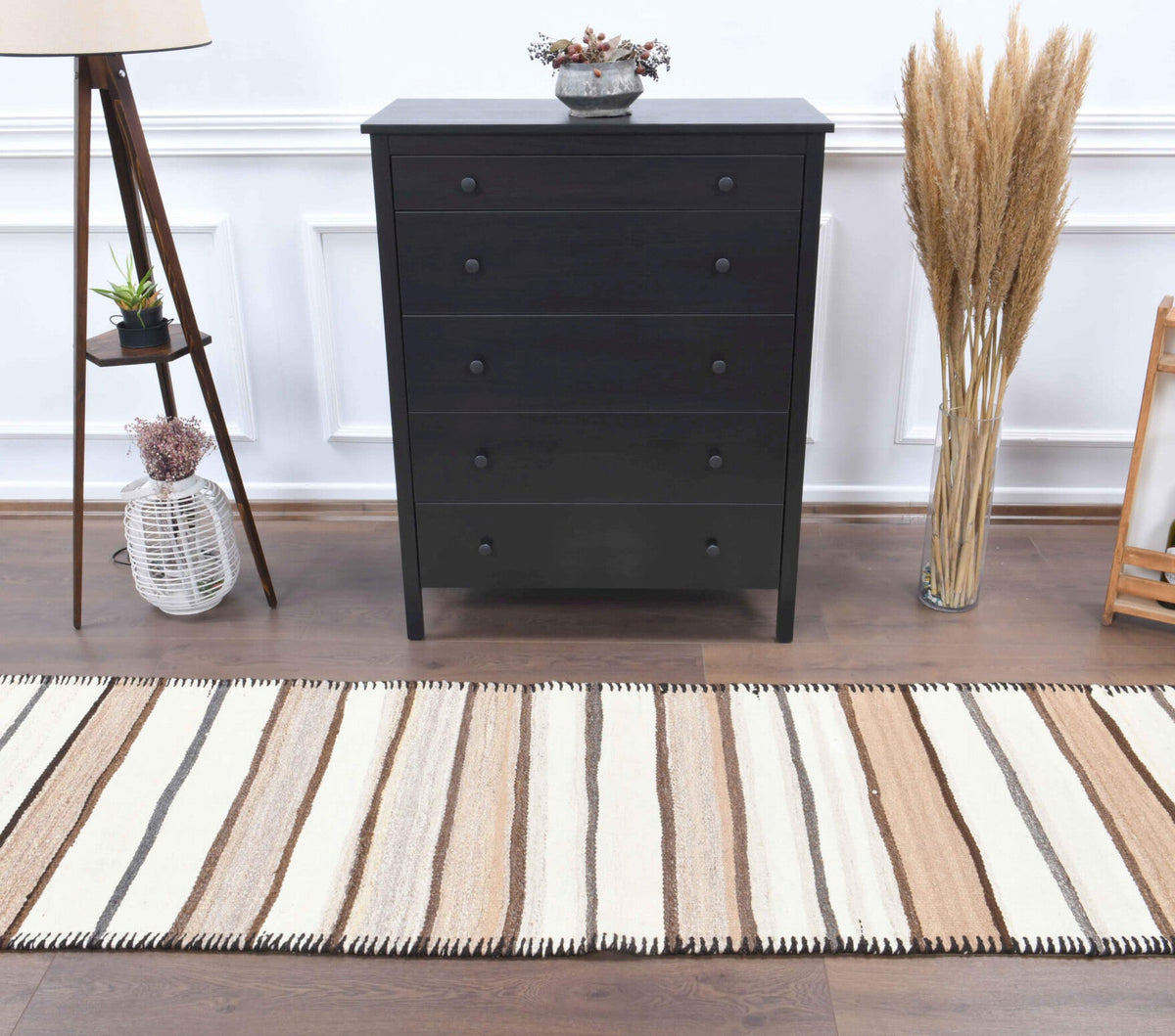 El yapımı vintage yolluk 81x348 cm çizgili desenli yün - yakın çekim doku detayı