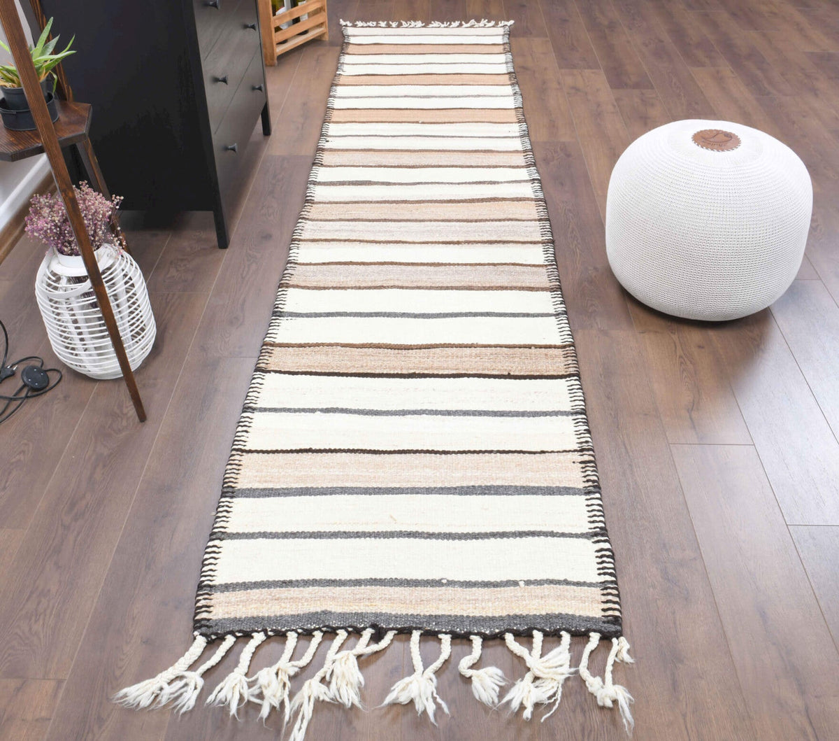 El yapımı vintage yolluk 81x348 cm çizgili desenli yün - detay görünümü