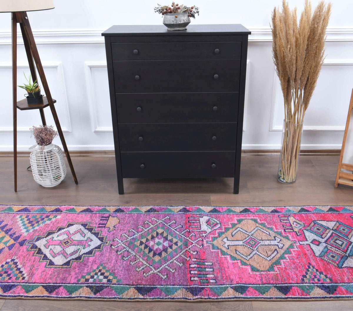 El yapımı vintage yolluk 61x305 cm oryantal desenli yün - yakın çekim doku detayı