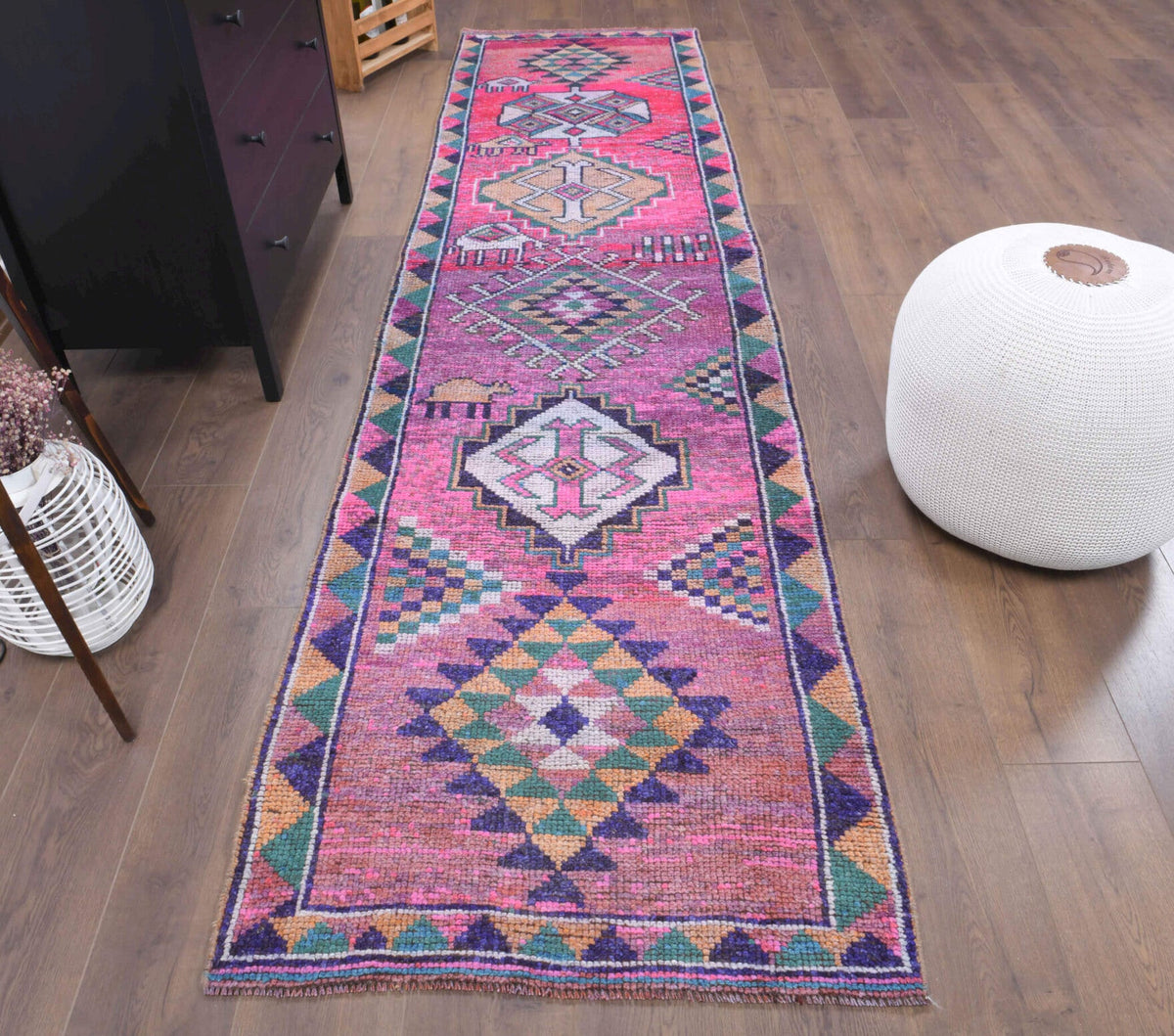 El yapımı vintage yolluk 61x305 cm oryantal desenli yün - detay görünümü