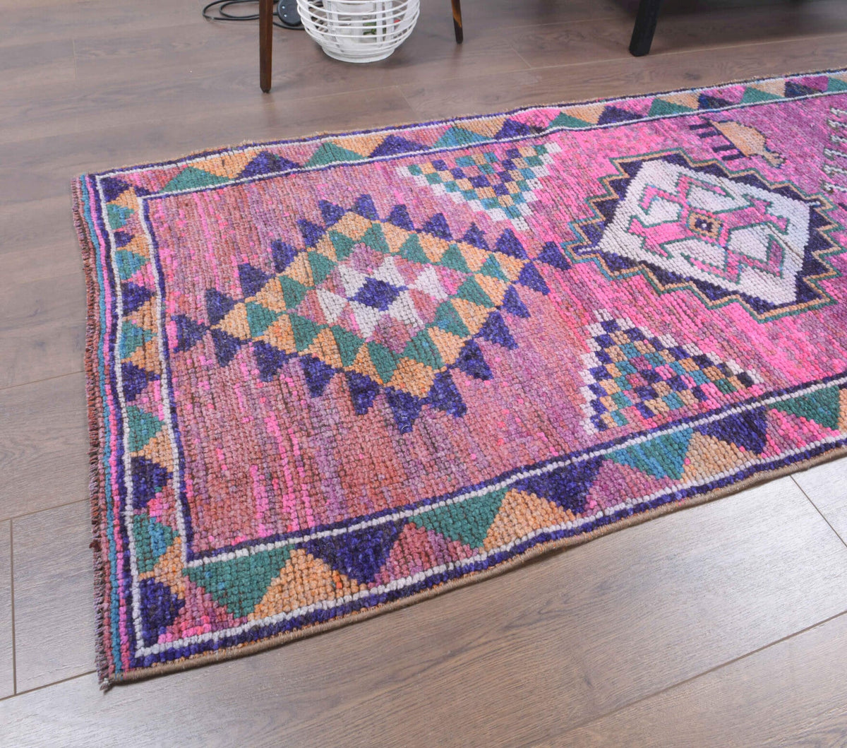 El yapımı vintage yolluk 61x305 cm oryantal desenli yün - kenar ve saçak detayı