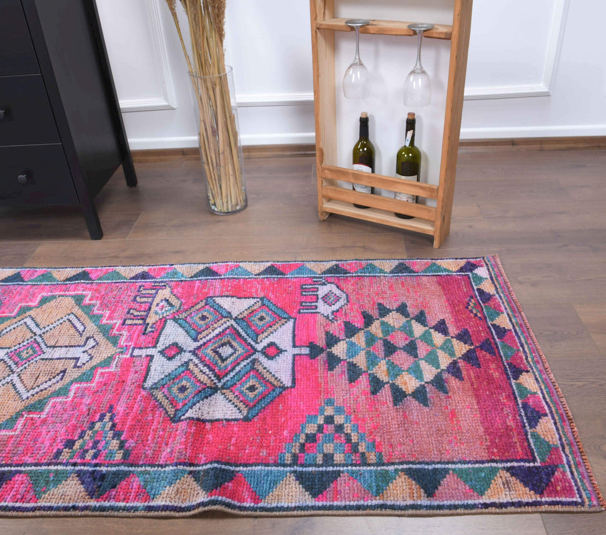 El yapımı vintage yolluk 61x305 cm oryantal desenli yün - üstten görünüm