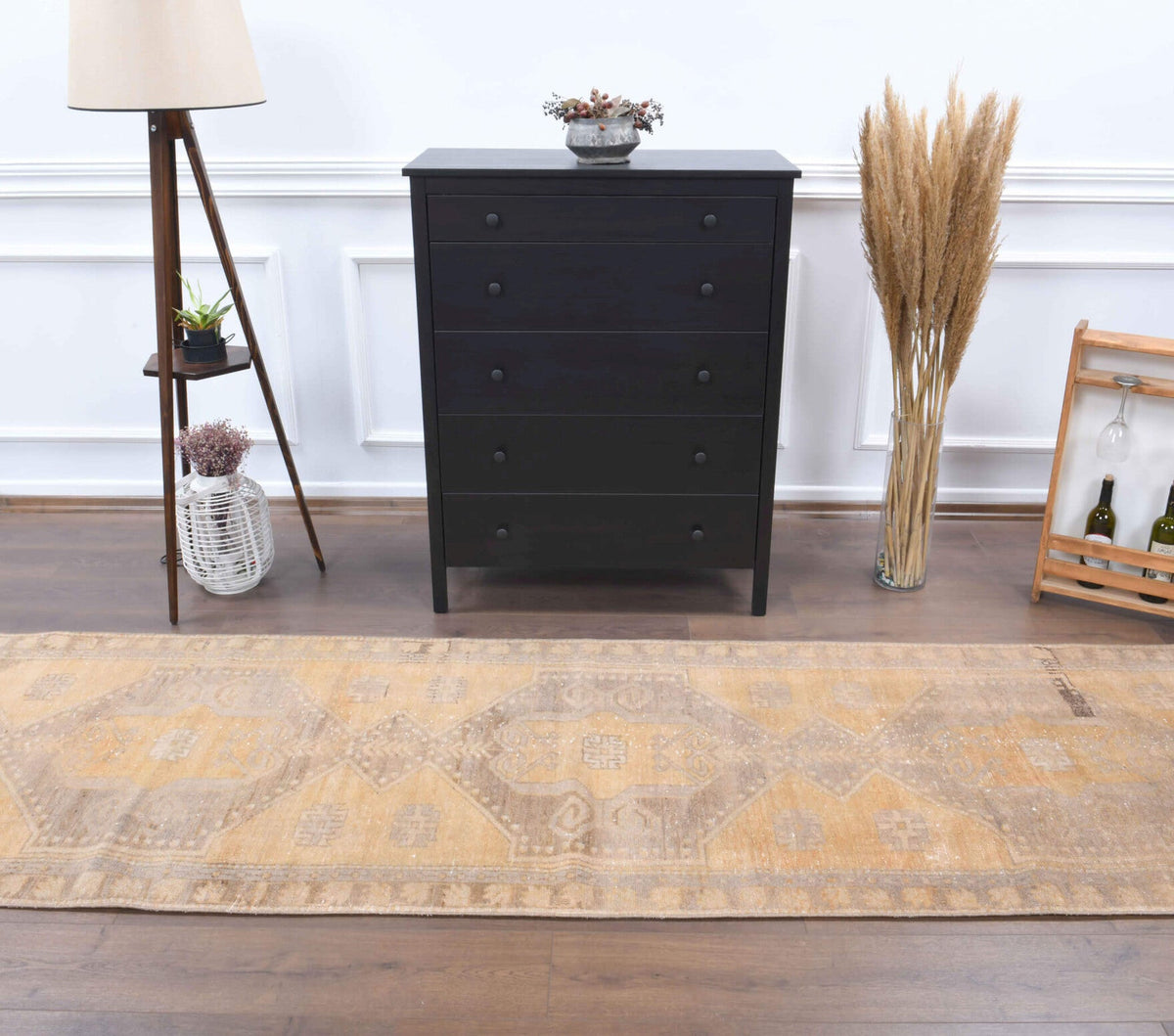 El yapımı vintage yolluk 97x325 cm oryantal desenli yün - detay görünümü