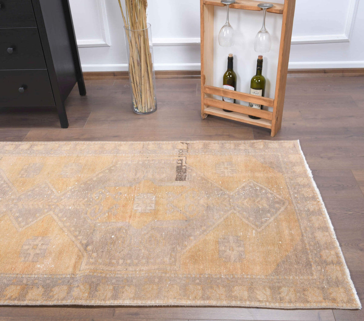 El yapımı vintage yolluk 97x325 cm oryantal desenli yün - üstten görünüm