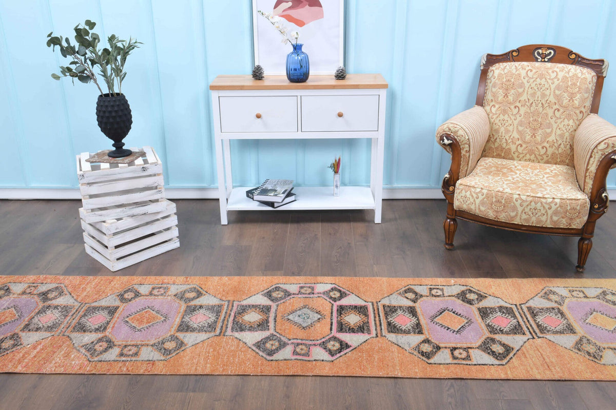 El yapımı vintage yolluk 76x330 cm oryantal desenli yün - yakın çekim doku detayı