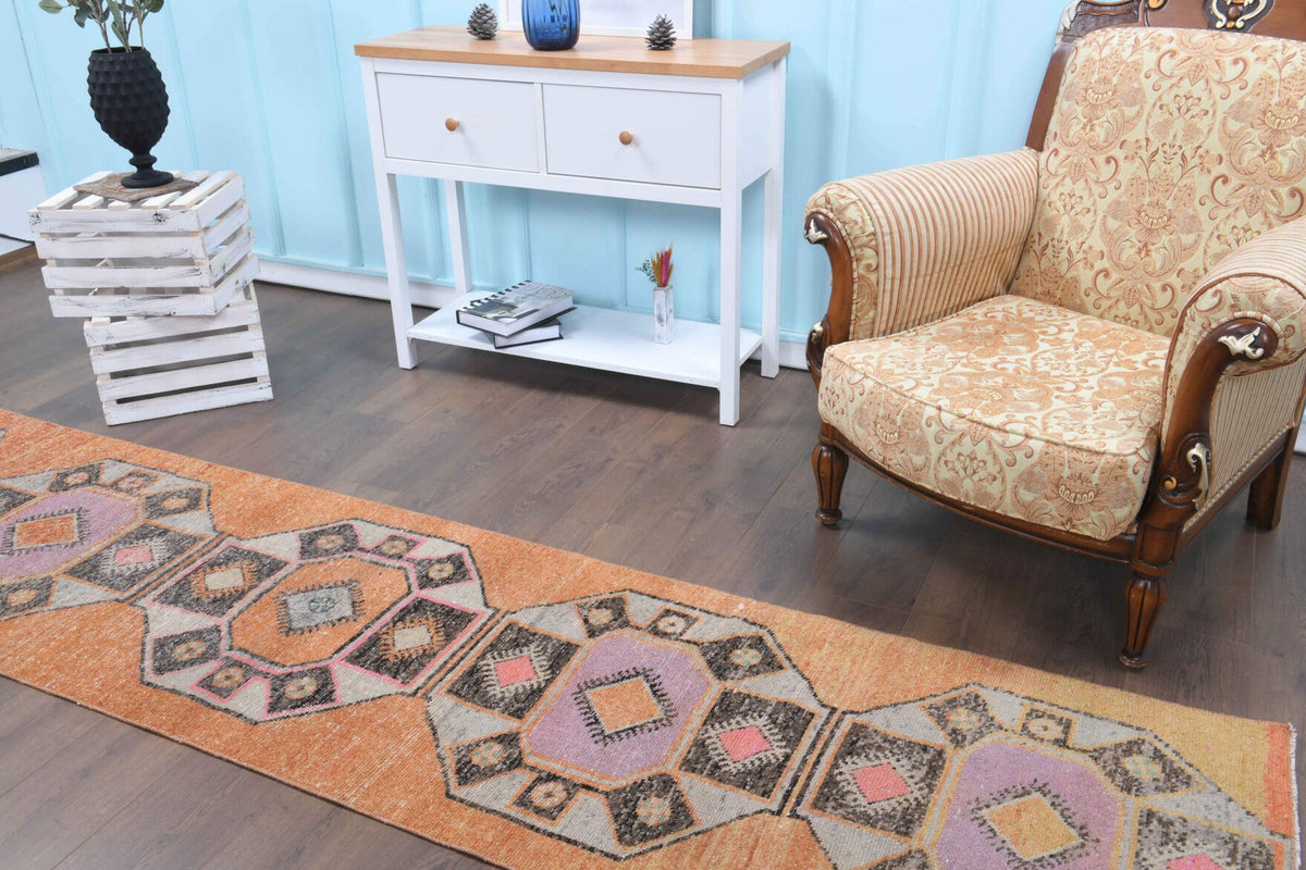 El yapımı vintage yolluk 76x330 cm oryantal desenli yün - kenar ve saçak detayı