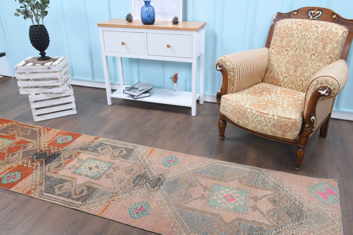 El yapımı vintage yolluk 81x320 cm oryantal desenli yün - kenar ve saçak detayı