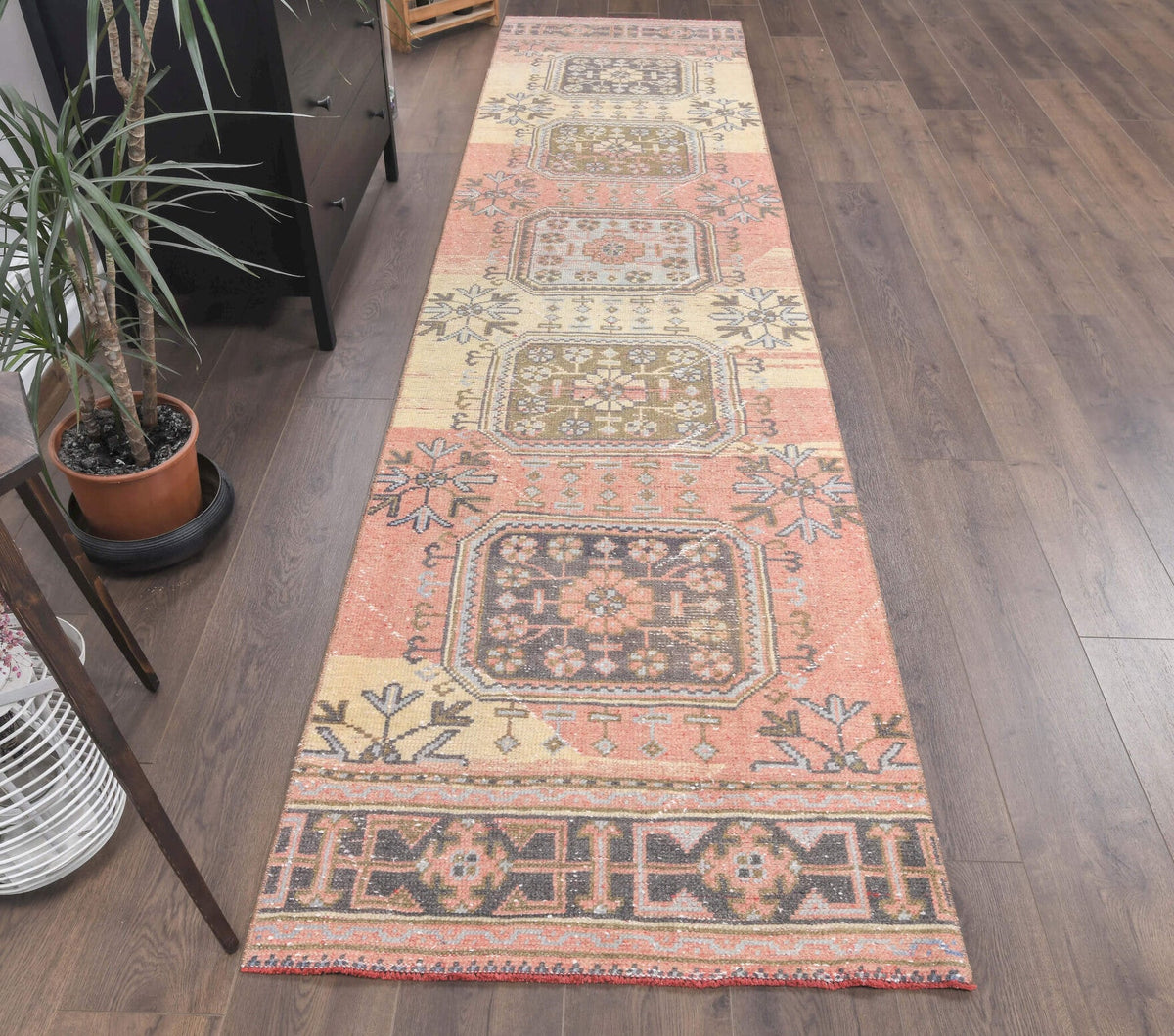 El yapımı vintage yolluk 86x356 cm oryantal desenli yün - kenar ve saçak detayı