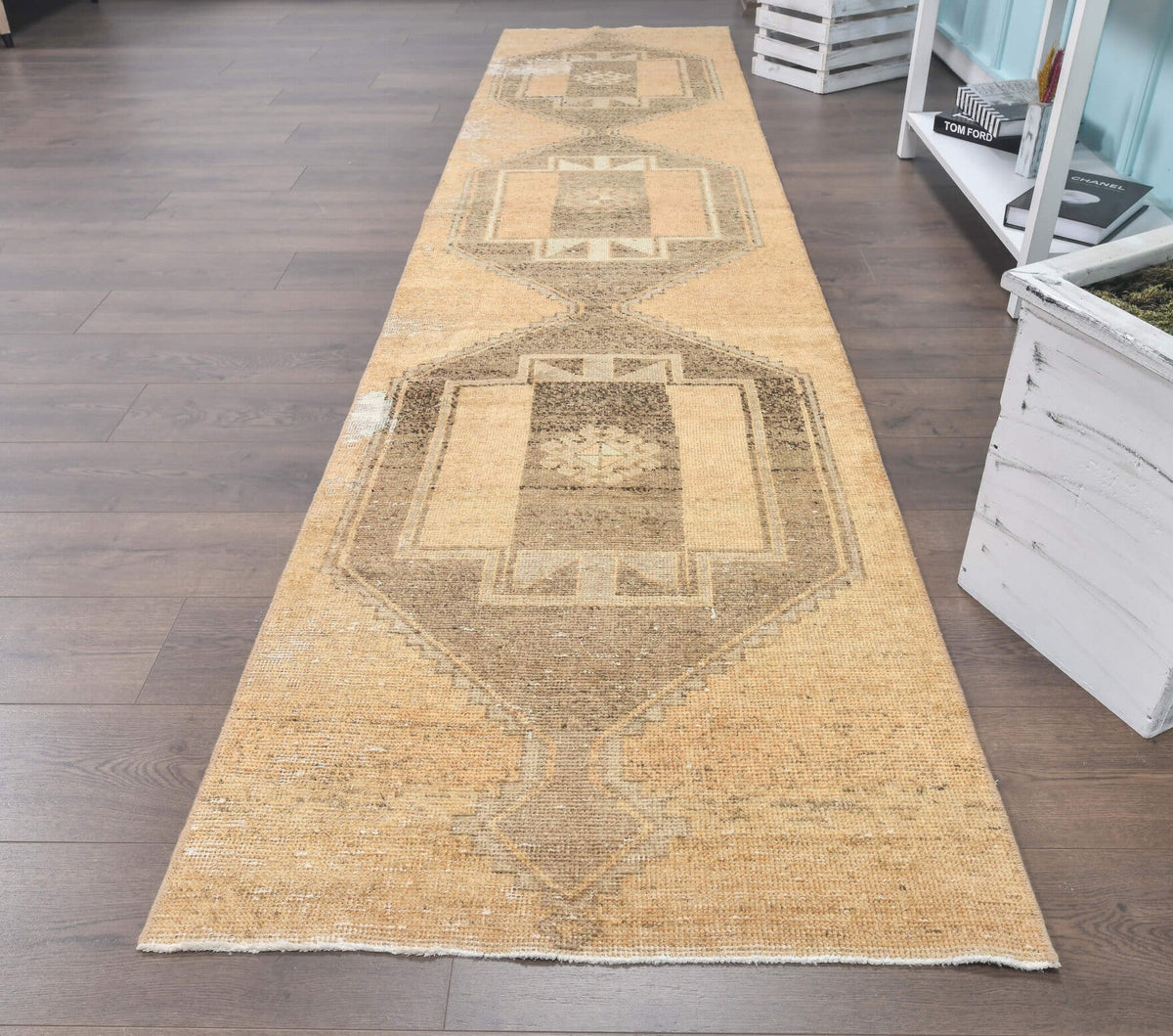 El yapımı vintage yolluk 86x378 cm geometrik desenli yün - detay görünümü