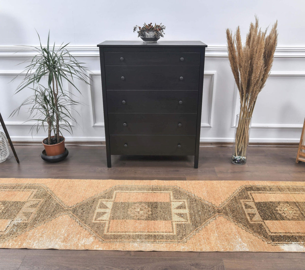 El yapımı vintage yolluk 86x378 cm geometrik desenli yün - yakın çekim doku detayı