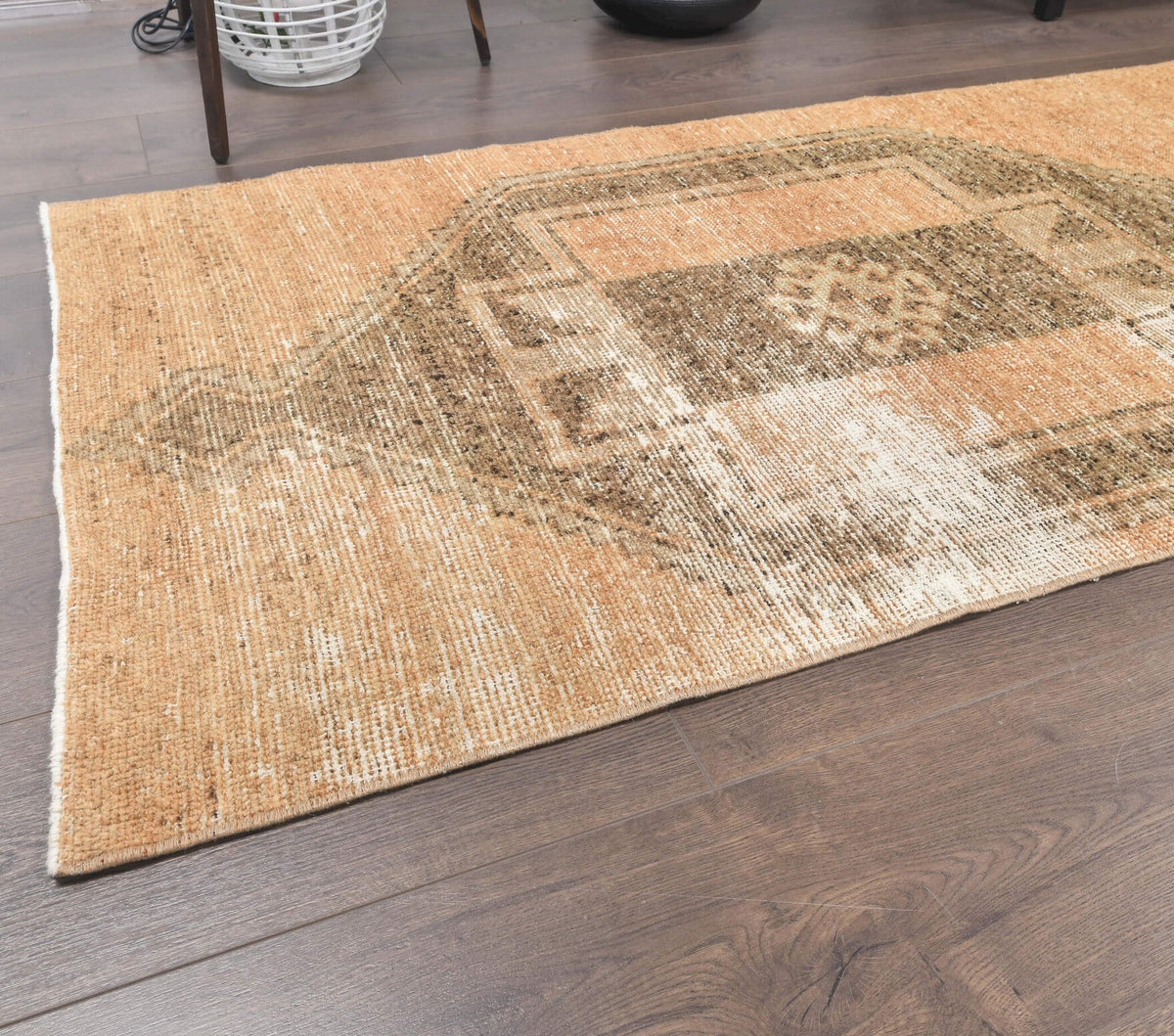 El yapımı vintage yolluk 86x378 cm geometrik desenli yün - kenar ve saçak detayı