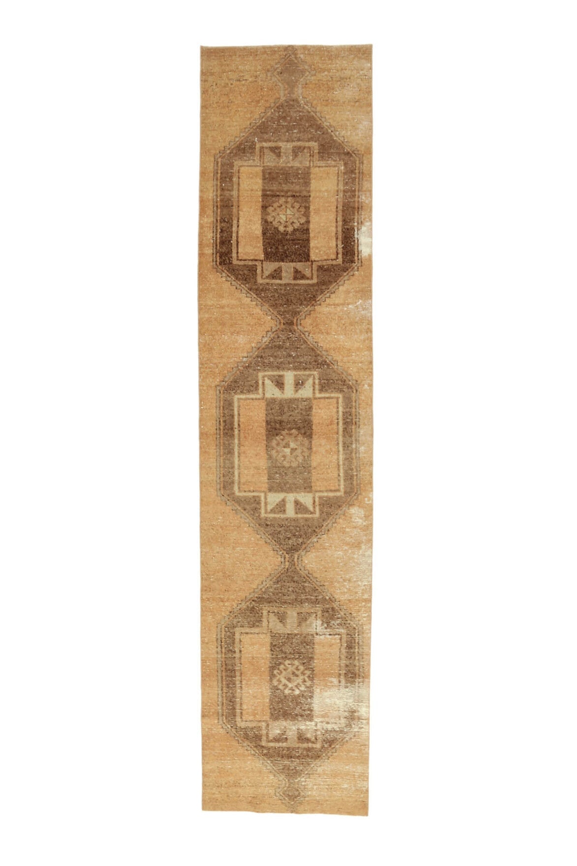 El yapımı vintage yolluk 86x378 cm geometrik desenli yün - üstten görünüm
