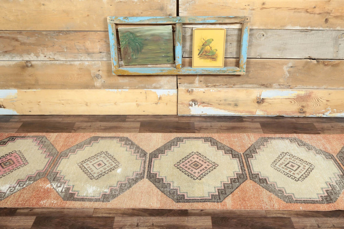 El yapımı vintage yolluk 79x356 cm i̇kat desenli yün - detay görünümü