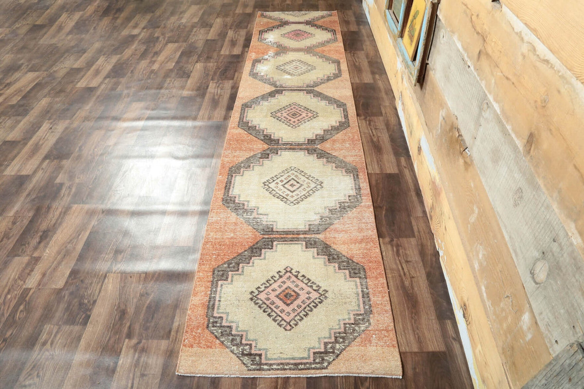 El yapımı vintage yolluk 79x356 cm i̇kat desenli yün - yakın çekim doku detayı