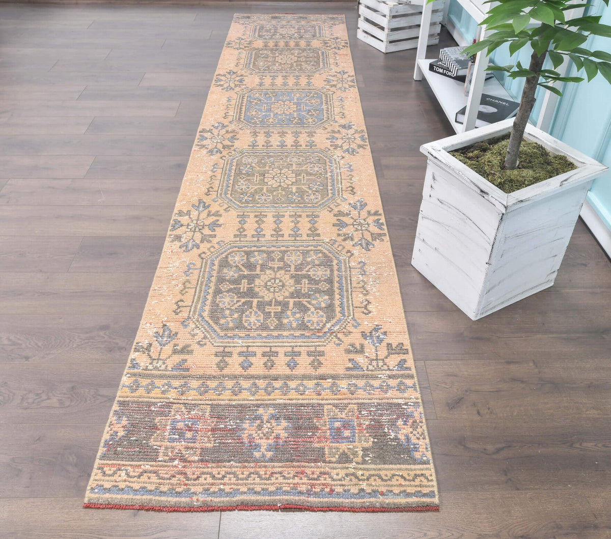 El yapımı vintage yolluk 76x361 cm i̇kat desenli yün - detay görünümü