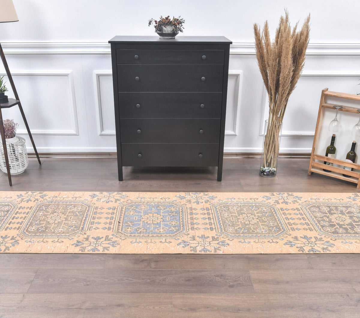 El yapımı vintage yolluk 76x361 cm i̇kat desenli yün - yakın çekim doku detayı