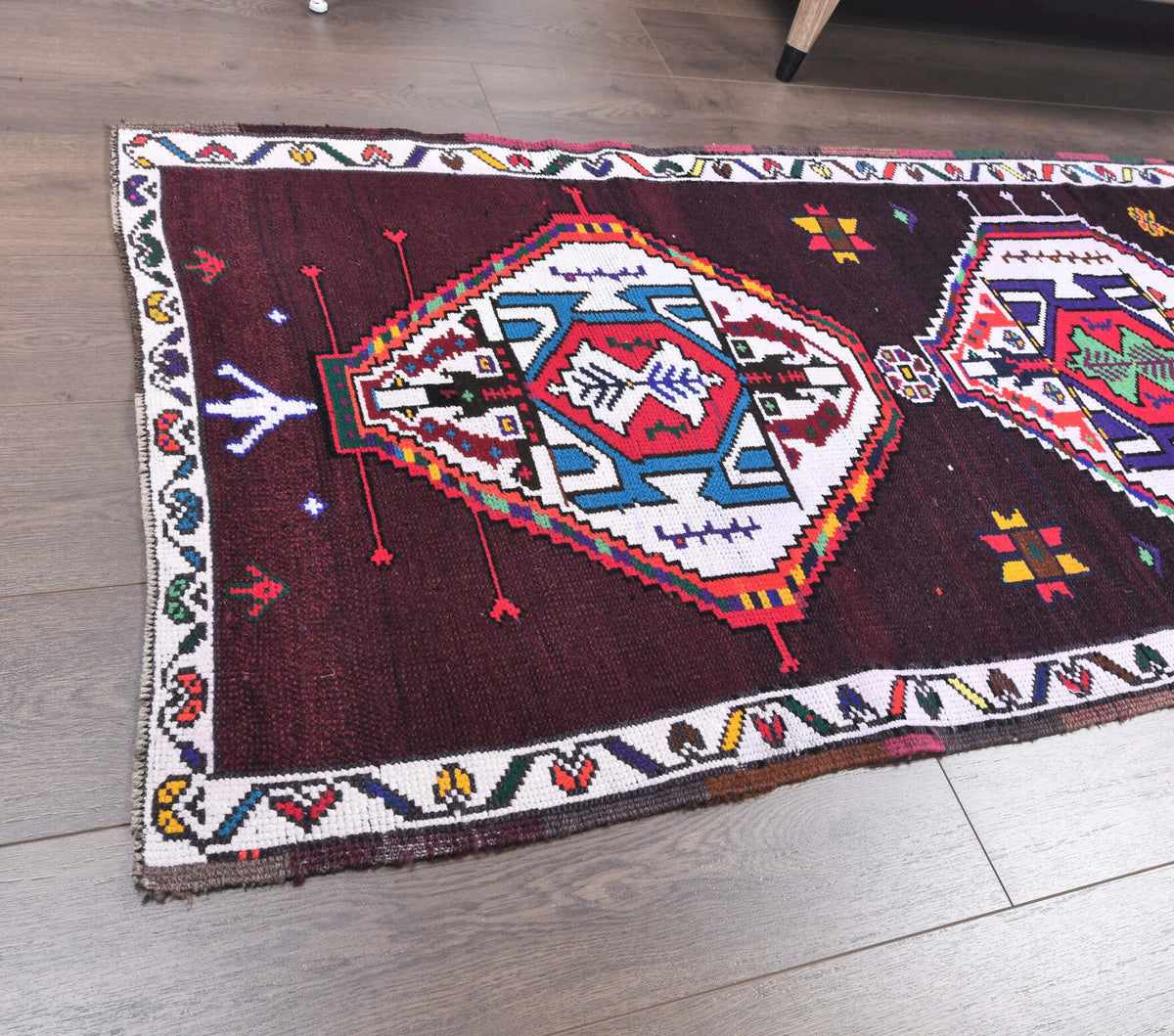El yapımı vintage yolluk 81x376 cm geometrik desenli yün - kenar ve saçak detayı