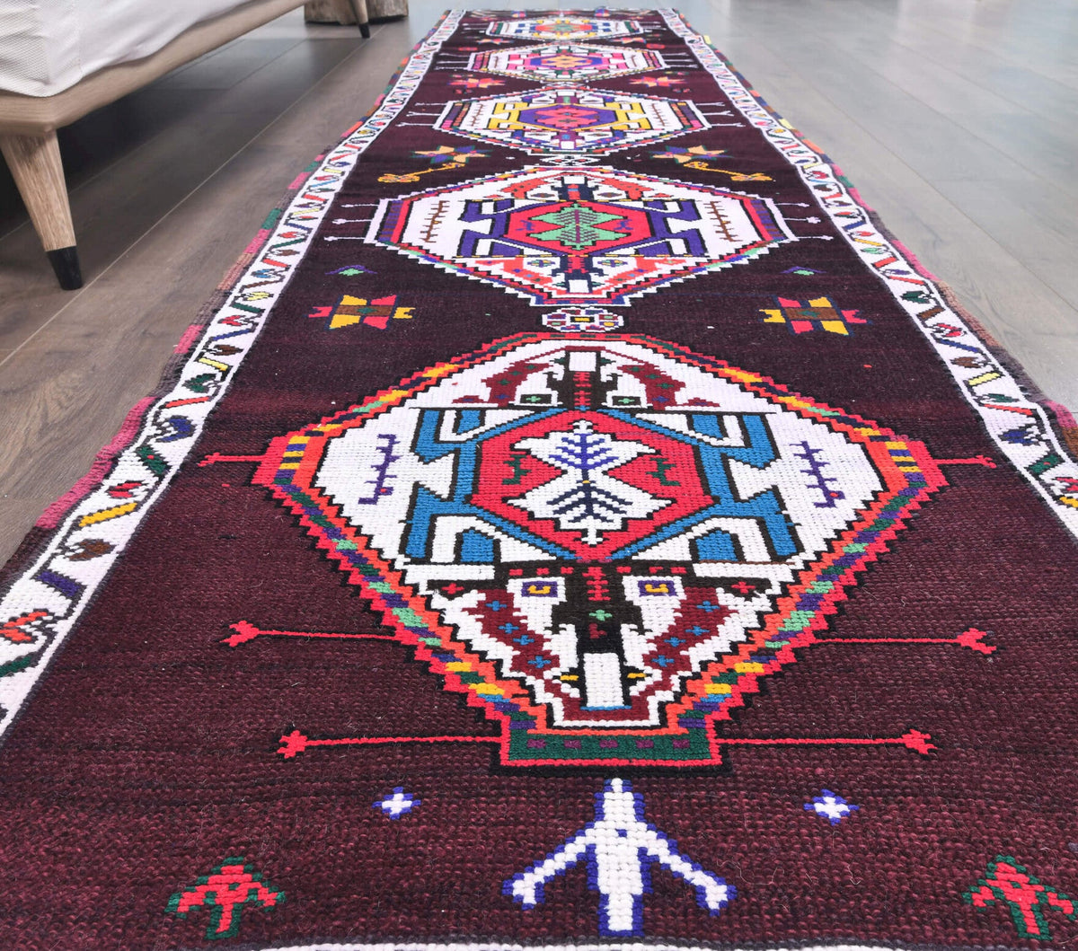 El yapımı vintage yolluk 81x376 cm geometrik desenli yün - desen detayı