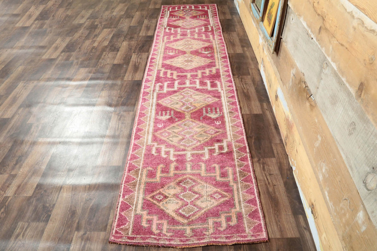 El yapımı vintage yolluk 79x361 cm geometrik desenli yün - yakın çekim doku detayı