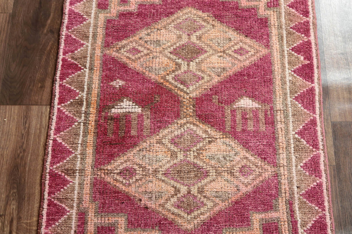 El yapımı vintage yolluk 79x361 cm geometrik desenli yün - kenar ve saçak detayı