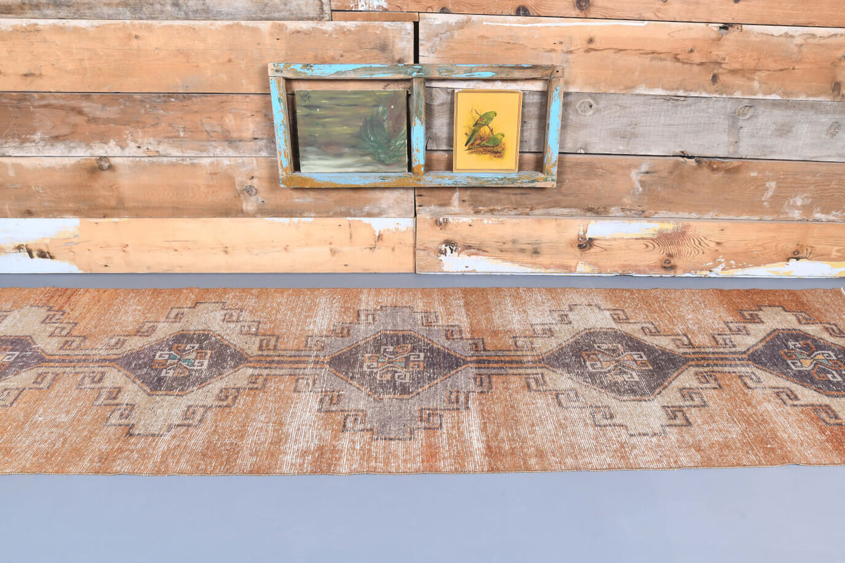 El yapımı vintage yolluk 94x351 cm geometrik desenli yün - detay görünümü