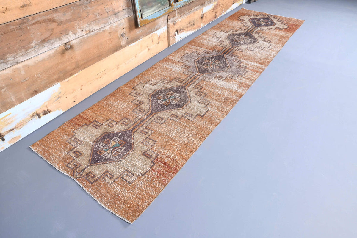 El yapımı vintage yolluk 94x351 cm geometrik desenli yün - yakın çekim doku detayı