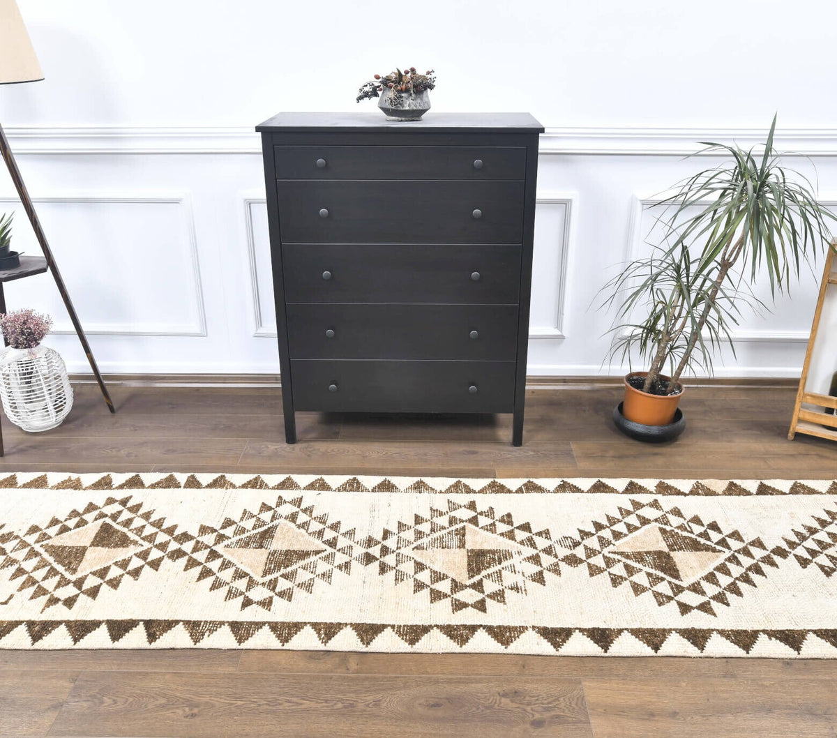 El yapımı vintage yolluk 81x368 cm i̇kat desenli yün - detay görünümü