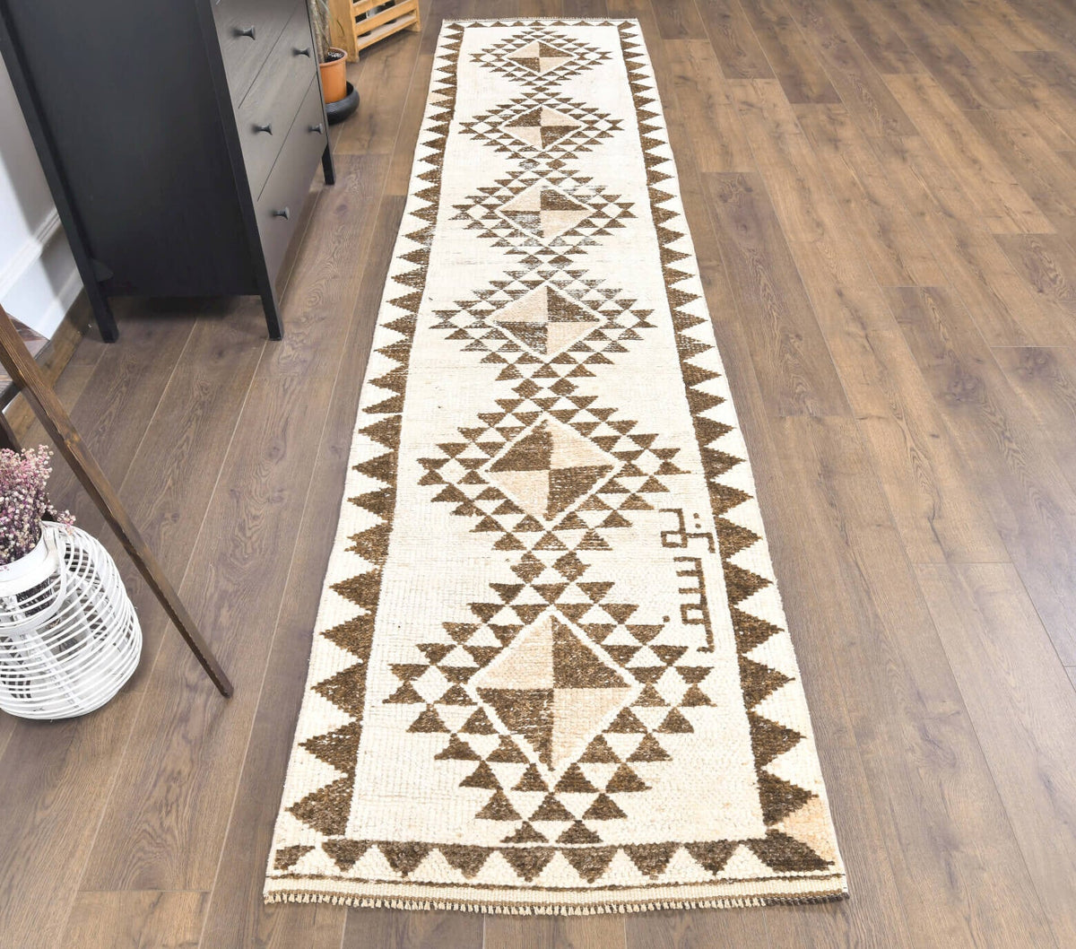 El yapımı vintage yolluk 81x368 cm i̇kat desenli yün - yakın çekim doku detayı