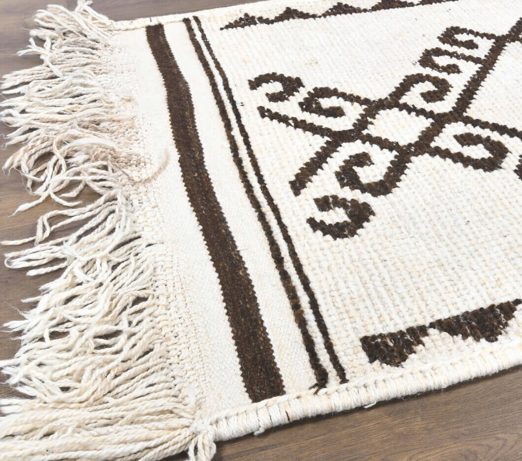 El yapımı vintage yolluk 94x356 cm i̇kat desenli yün - üstten görünüm