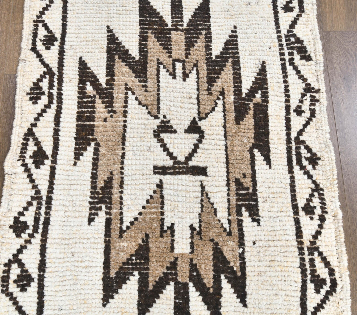 El yapımı vintage yolluk 91x351 cm geometrik desenli yün - kenar ve saçak detayı