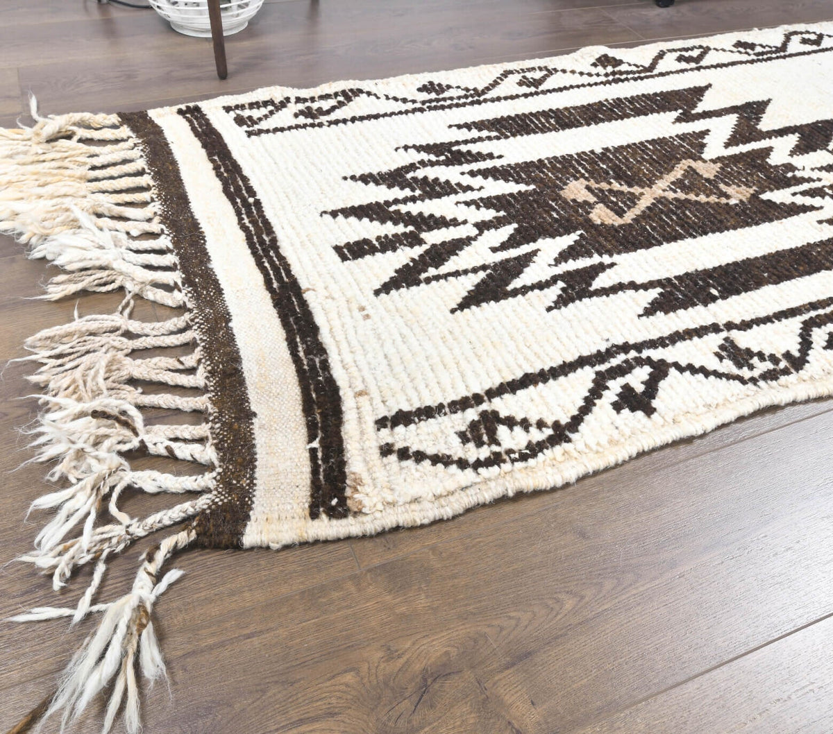 El yapımı vintage yolluk 91x351 cm geometrik desenli yün - üstten görünüm
