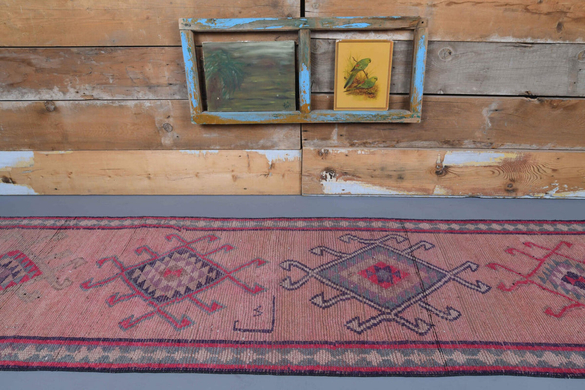 El yapımı vintage yolluk 86x353 cm i̇kat desenli yün - yakın çekim doku detayı