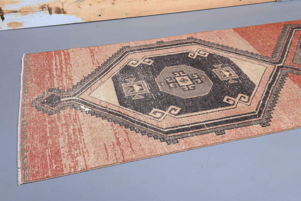 El yapımı vintage yolluk 89x363 cm geometrik desenli yün - kenar ve saçak detayı
