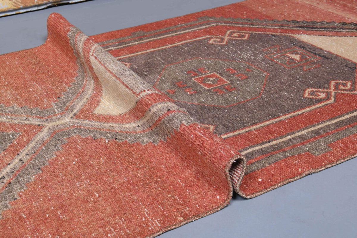 El yapımı vintage yolluk 89x363 cm geometrik desenli yün - üstten görünüm
