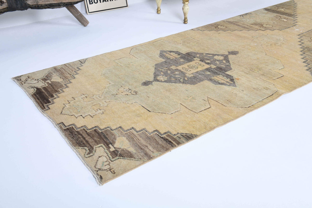 El yapımı vintage yolluk 91x351 cm oryantal desenli yün - kenar ve saçak detayı