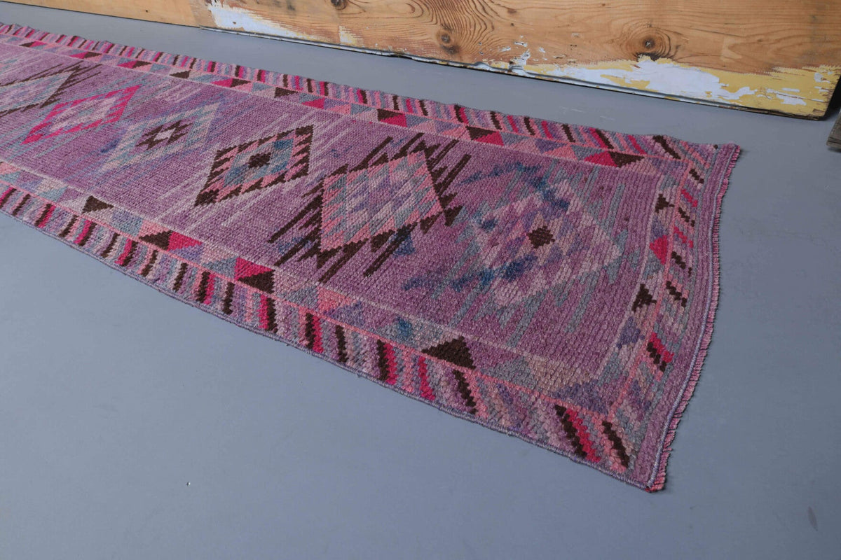 El yapımı vintage yolluk 61x335 cm geometrik desenli yün - kenar ve saçak detayı