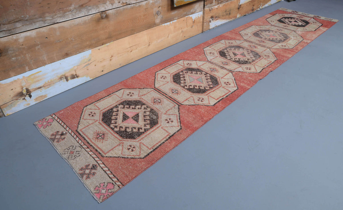 El yapımı vintage yolluk 79x353 cm geometrik desenli yün - açık alan görünümü