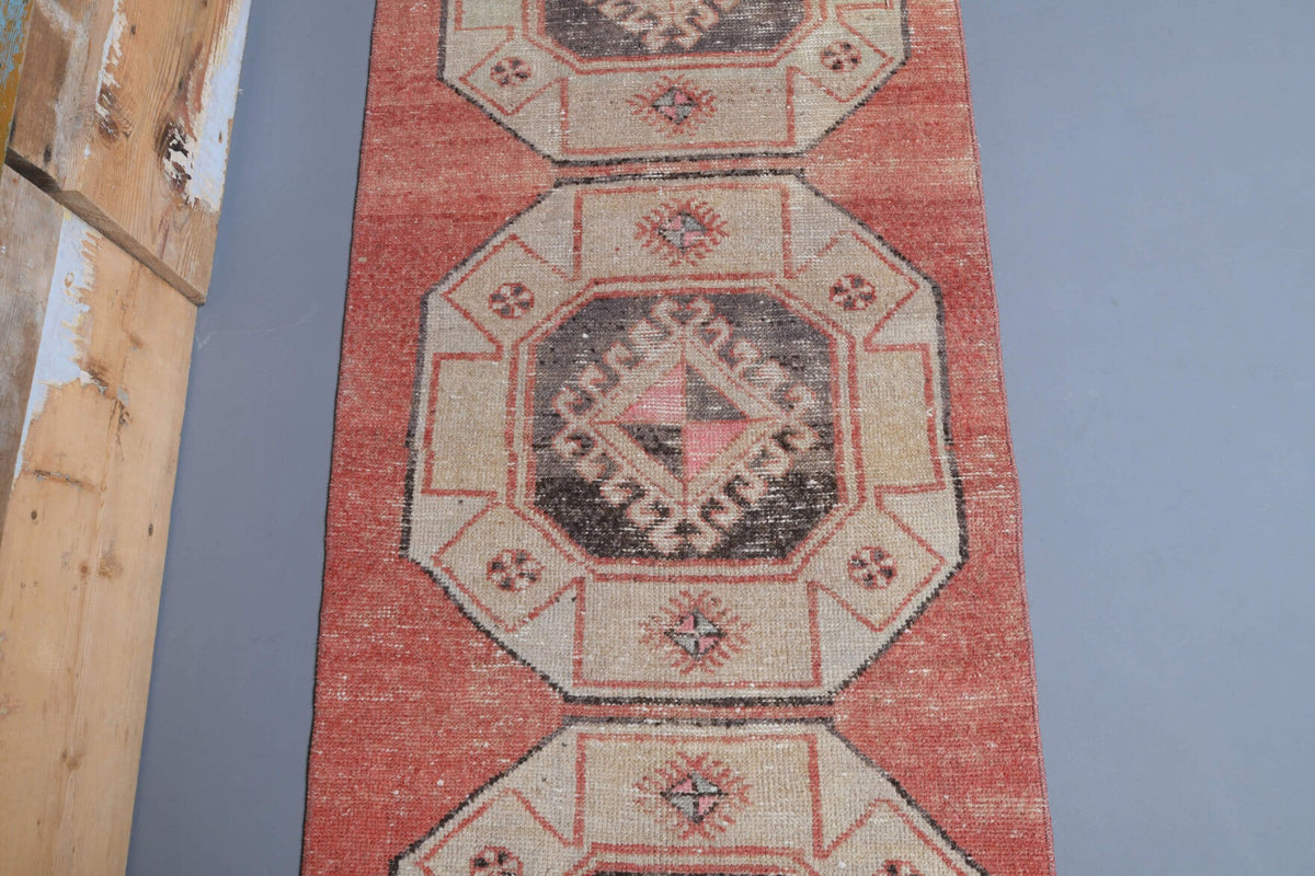 El yapımı vintage yolluk 79x353 cm geometrik desenli yün - kenar ve saçak detayı