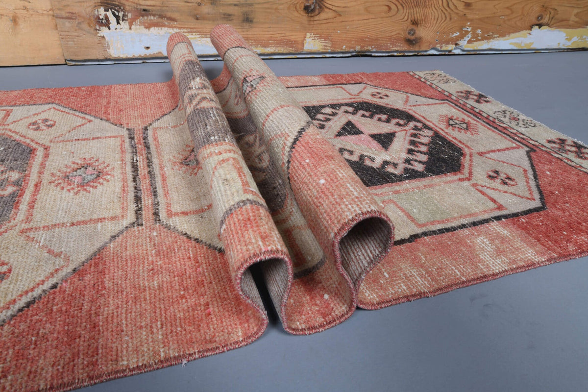 El yapımı vintage yolluk 79x353 cm geometrik desenli yün - üstten görünüm