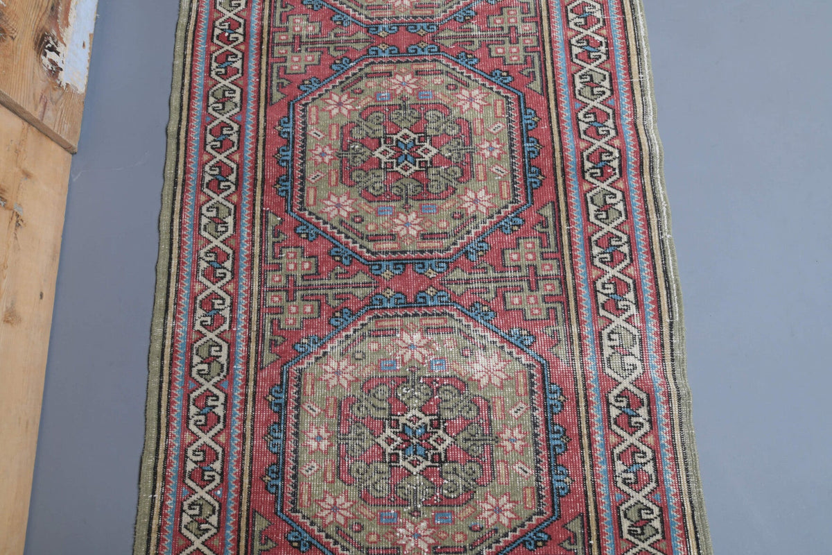 El yapımı vintage yolluk 94x363 cm oryantal desenli yün - kenar ve saçak detayı